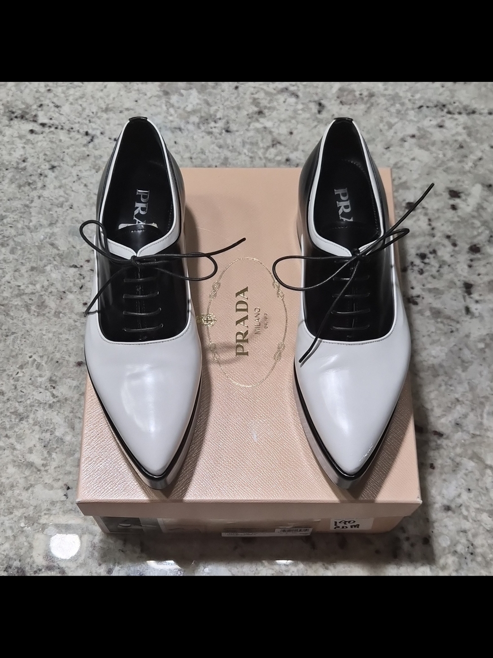 Prada Spazzolato Bicolore Platform Oxfords Black White Brogues 38.5 Box